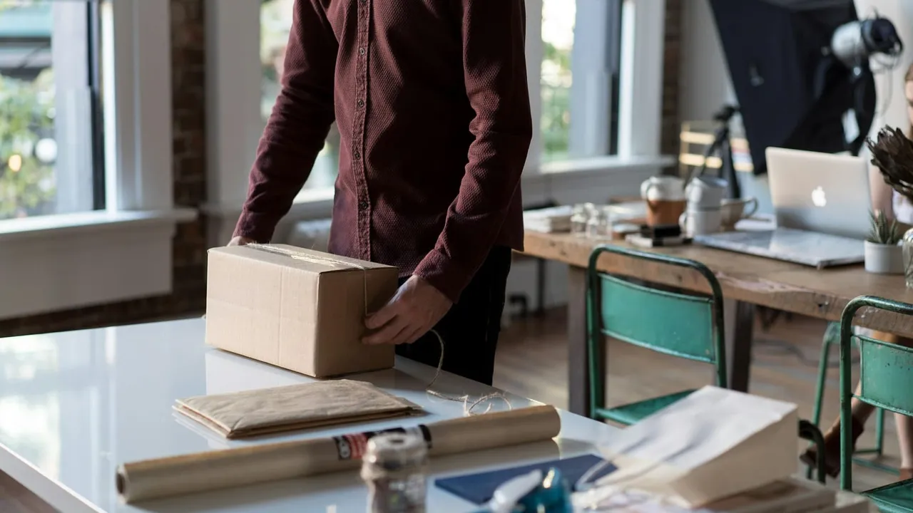 Pessoa embalando uma caixa de papelão sobre a mesa, ao lado de papel kraft e barbante